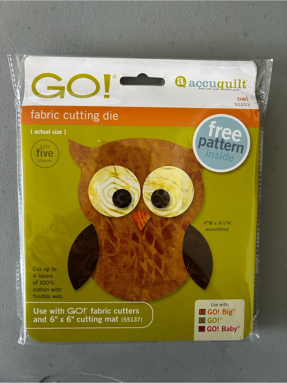 Accuquilt Go! Fabric Cutting Die kit Owl 5 Shapes Quilting